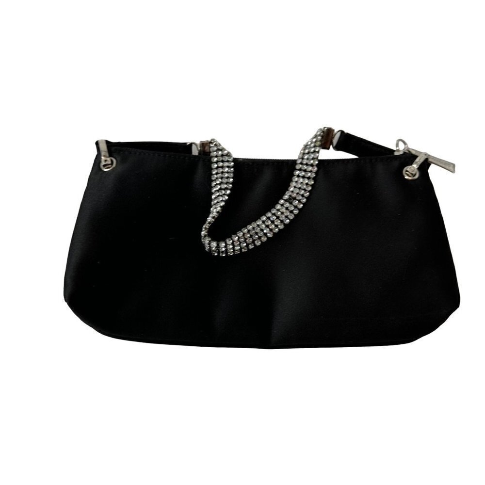 * Vintage Black Evening Handbag Purse Rhinestone Handles Nylon Type Fabric Y2K
